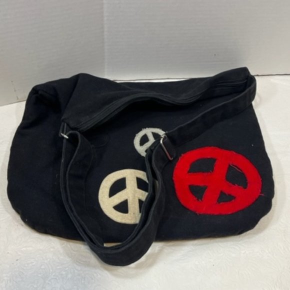 Black Cotton Canvas PEACE Hobo Zip Adjustable Shoulder Bag 16x15" - Picture 5 of 6